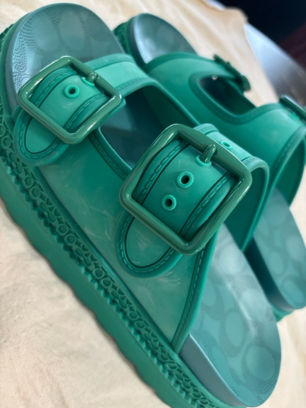 Coach Teal Green Double-Buckle Kids Slide Sandals - Picture 5 of 7